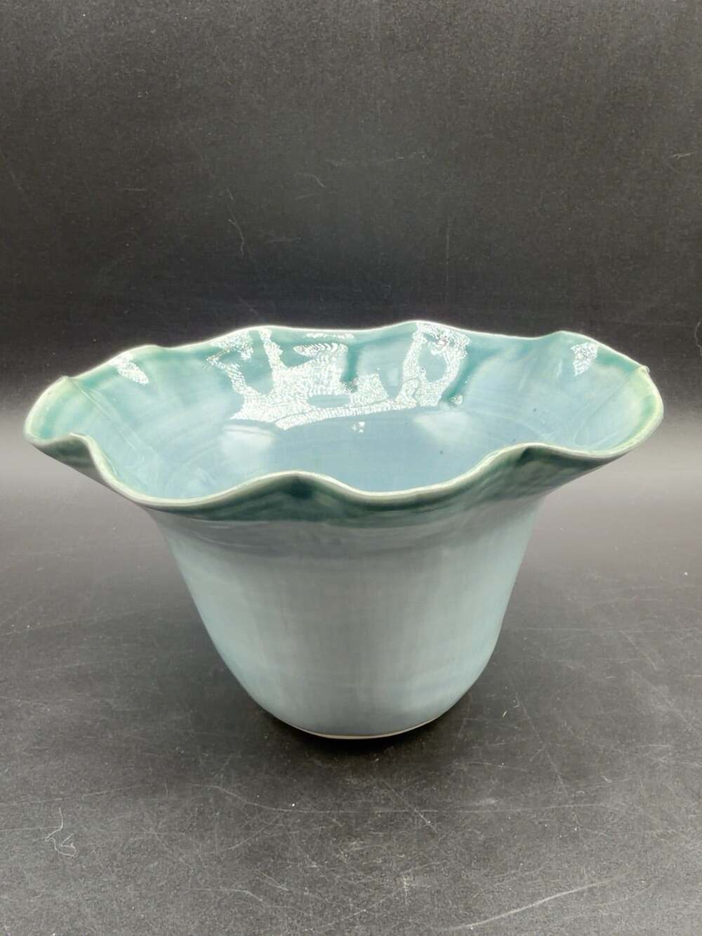 Signed Studio Art Pottery Bowl Aqua Blue Teal Ruffled Rim Ceramic 6 Inch